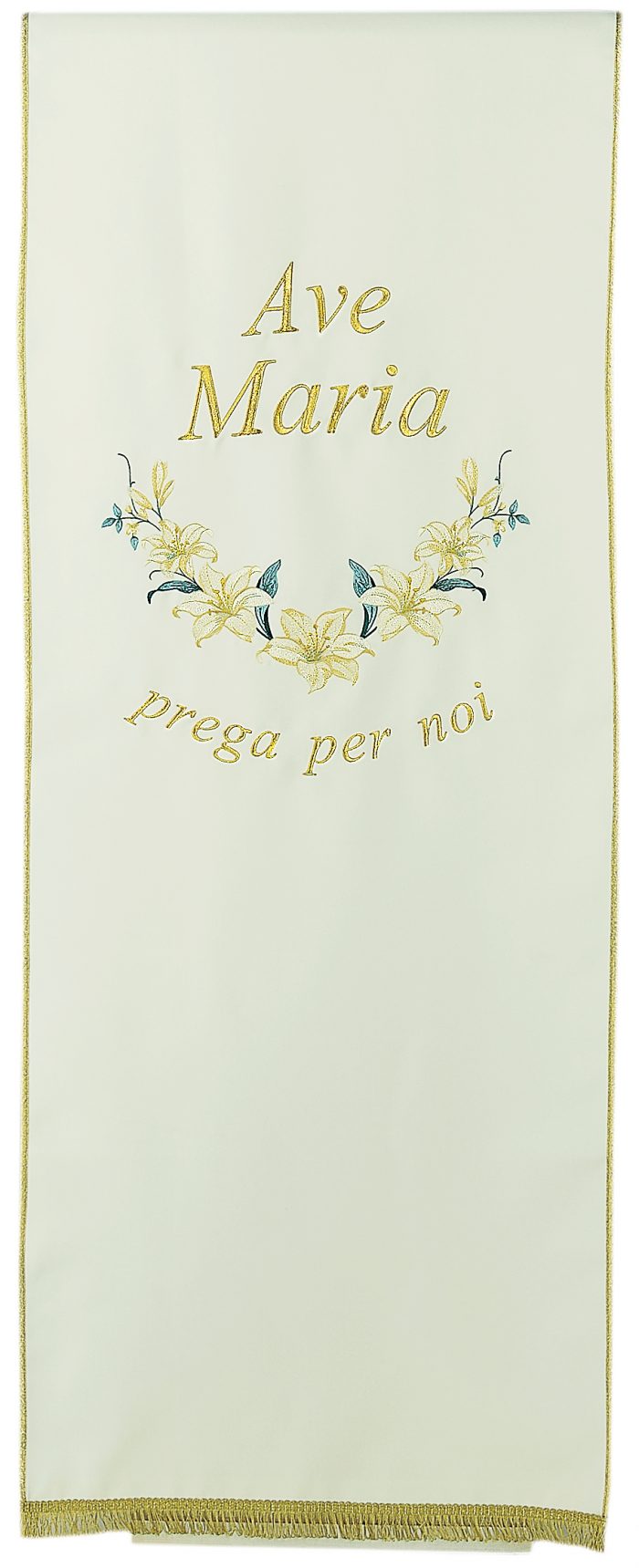 Coprileggio "Manàsse" Maranatha Lab in tessuto micromonastico con ricami diretti mariani e motivi floreali.