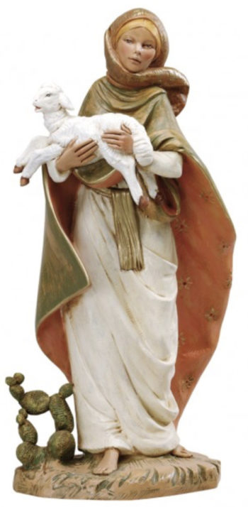 Woman with lamb 45 cm hand painted resin statue with wood effect