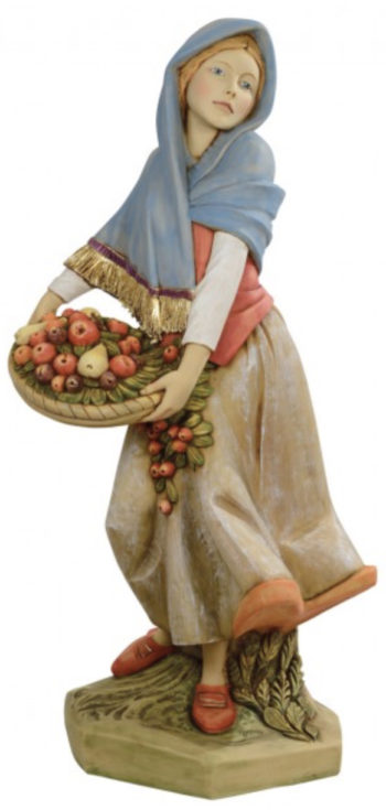 Donna con cesta Fontanini statua per Natività in resina dipinta a mano ad effetto legno