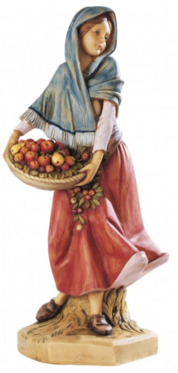 Donna con frutta cm 52 statua per Natività in resina dipinta a mano ad effetto legno