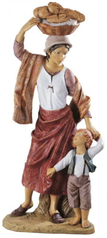 Donna con pani Fontanini statua per Natività in resina dipinta a mano ad effetto legno
