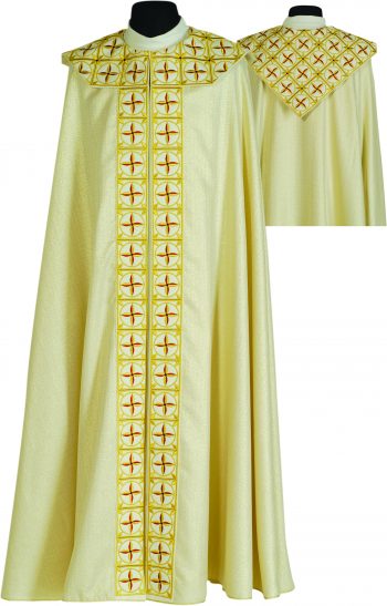 Piviale "Croci2" Maranatha Lab in tessuto laminato oro con stolone e retro collo ricamati a motivi floreali.