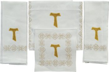 Servizio-Messa "Tau" Maranatha Lab in puro lino con ricamo francescano del Tau in oro