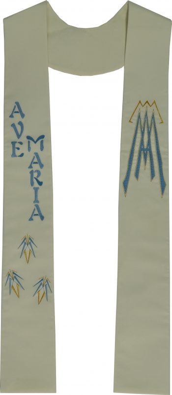 Stola "Filadelfia" Maranatha Lab in tessuto micromonastico arricchita da simbolo Mariano e scritta "Ave Maria".