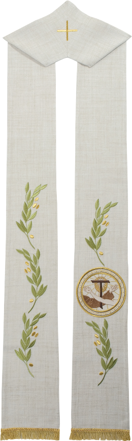 Stola "Stimmate" Maranatha Lab in tessuto canapa e lino, decorata con ricamo francescano e spighe di grano.