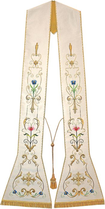 Stola "Romana" Maranatha Lab dal taglio romano in tessuto moella misto seta con ricamo floreale in oro e seta