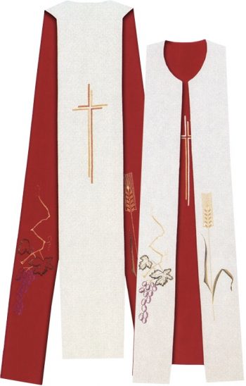 Tristola "Tempio" Maranatha Lab bicolore in tessuto micromonastico con ricamo cruciforme e simboli del grano e dell'uva