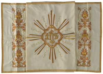 Velo-Omerale "Gerico" Maranatha Lab in tessuto fresco lana con ricamo floreale in oro e simbolo "JHs"