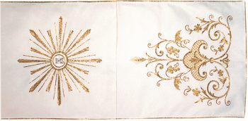 Velo-omerale "Jhs" Maranatha Lab in tessuto moella con ricami oro floreali e simbolo "Jhs"