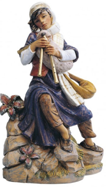 Zampognaro seduto Fontanini statua in resina dipinta a mano ad effetto legno