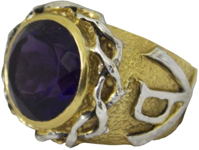 Maranatha Lab "Crown-of-thorn" ring in hand chiseled two-tone silver and round amethyst set in the center