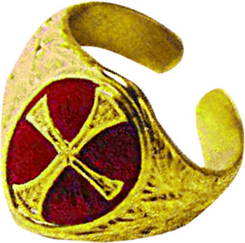 Anello in argento smaltato in finitura oro e smalto rosso rubino con cesello cruciforme centrale