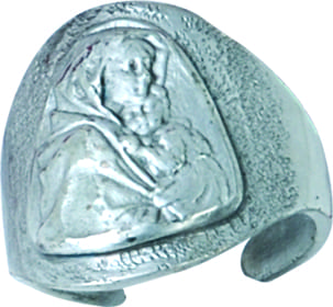 Anello mariano in argento interamente cesellato a mano, raffigurante effigie della Madonna con Bambino