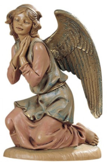 Angelo in ginocchio cm 30 statua per Natività in resina dipinta a mano ad effetto legno
