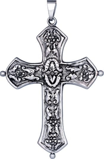 Croce pettorale con intarsi in argento cesellato a mano impreziosita da intarsi decorativi e piccoli globi alle tre estremità