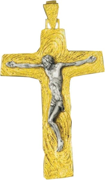 Croce pettorale bicolore in argento interamente cesellato a mano con figura del Cristo Crocifisso