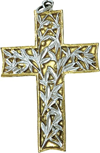 Maranatha Lab bib cross in two-tone silver chiseled by hand embellished with olive leaf decoration