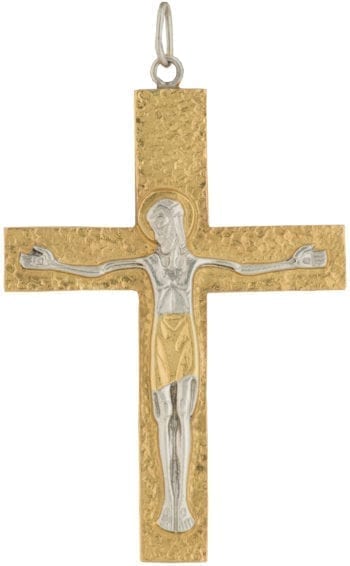 Cross-Bib "Via" Maranatha Lab in hammered two-tone silver embellished with engraving of christ crucified