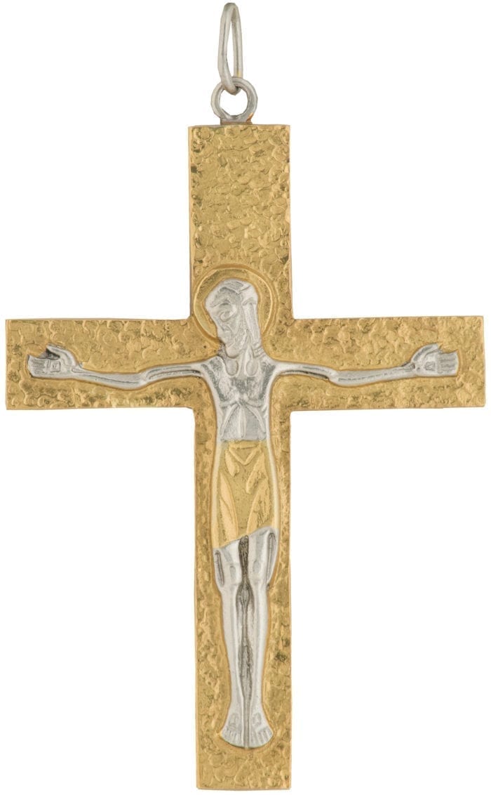 Cross-Bib "Via" Maranatha Lab in hammered two-tone silver embellished with engraving of christ crucified