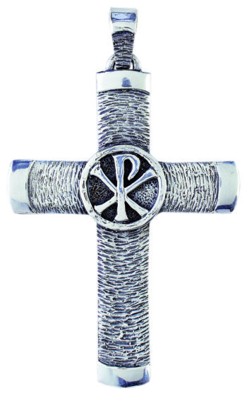 Croce-pettorale “Crismon” Maranatha Lab in argento con lavorazione graffiata e simbolo Chi-Rho inciso