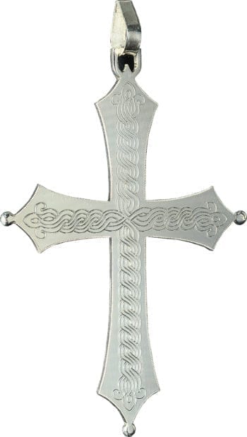 Croce pettorale "Intreccio" in argento con decoro centrale cesellato a mano a torciglione e punte con piccoli globi