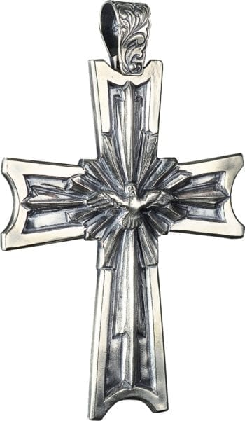 Croce pettorale "Colomba" in argento cesellato con decoro della colomba, simbolo dello Spirito Santo
