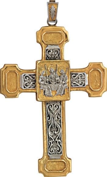 Croce pettorale "Vangelo" in argento bicolore cesellata a mano con fregi decorativi e scena evangelica centrale