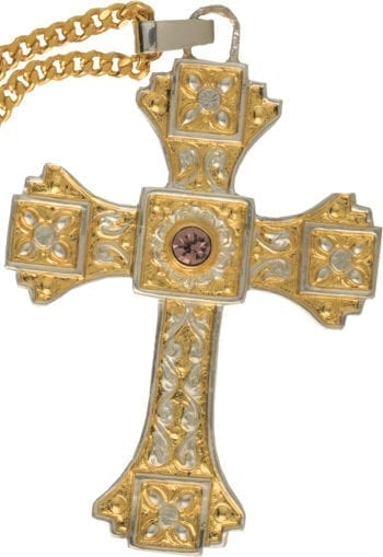 Cross-Bib "Ambrose" Maranatha Lab in two-tone hand chiseled fusion with floral decorations and pink stone
