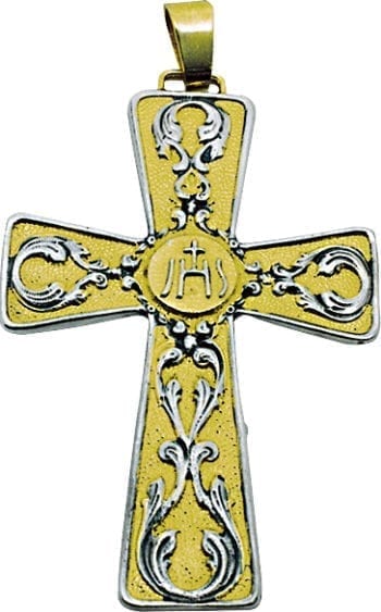 Maranatha Lab bib cross in two-tone molten lost wax brass decorated with ornate and Jhs symbol