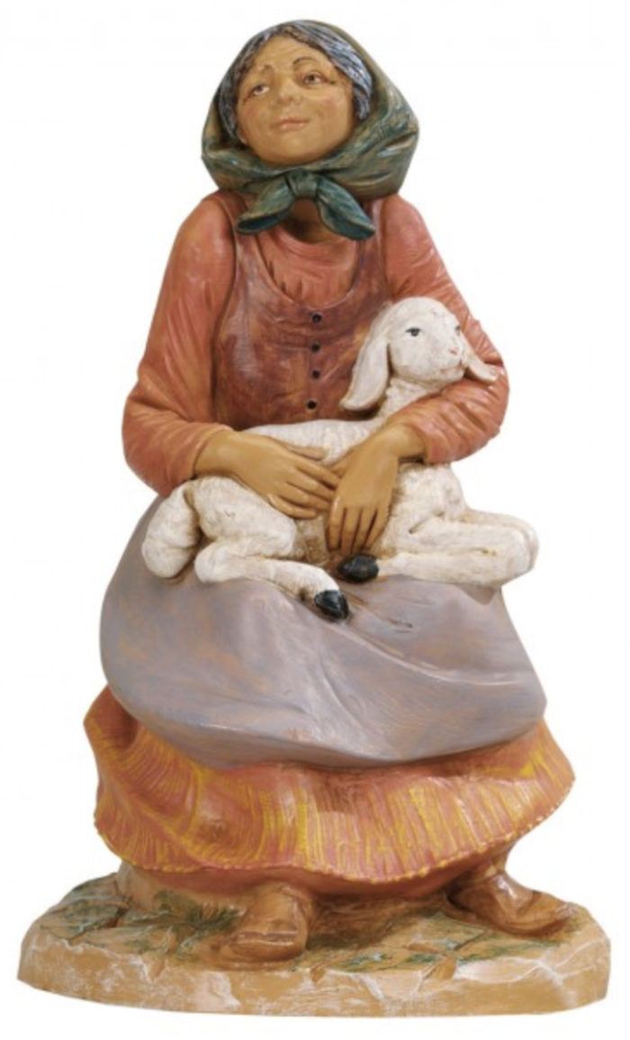 Donna con agnello Fontanini, statuetta per Natività in resina dipinta a mano con effetto legno