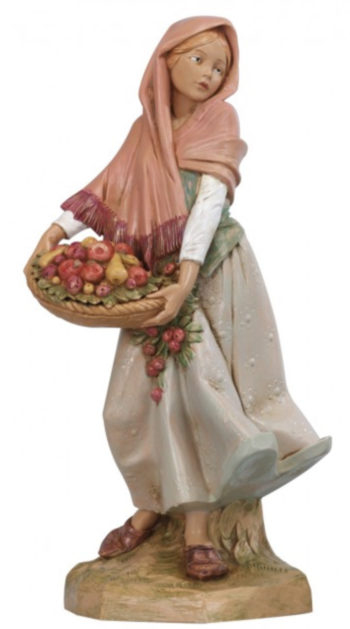 Donna con frutta Fontanini per Natività in resina dipinta a mano con effetto legno