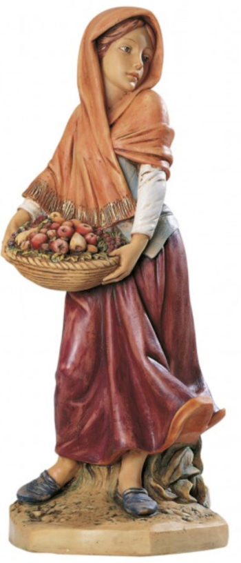 Donna con frutta cm 65 statua per Natività in resina dipinta a mano ad effetto legno