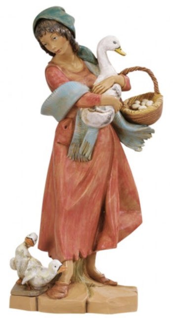 Donna con oche cm 30 statua per Natività in resina dipinta a mano ad effetto legno