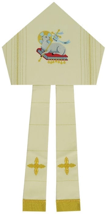 Mitria "Agnello" Maranatha Lab in tessuto lana, decorata con tessitura rigata e ricamo dell'Agnello di Dio.