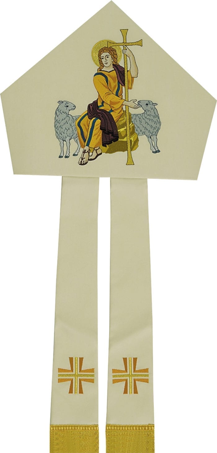 Maranatha Lab "Good Shepherd" miter in woolen fabric with headdress, decorated with embroidery of the Good Shepherd.