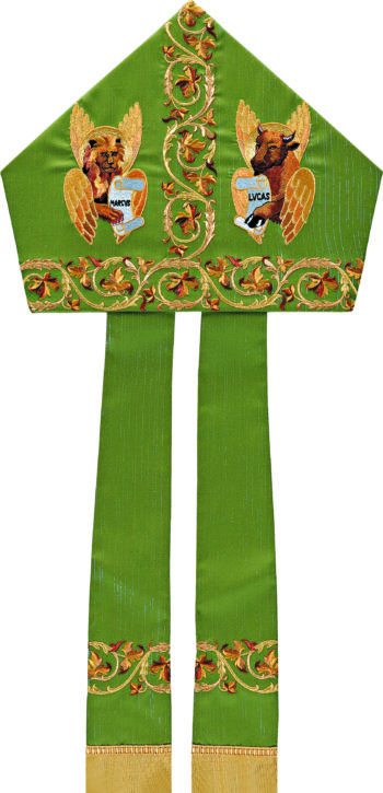 Miter "Evangelisti" Maranatha Lab in wool fabric, with embroidery of the evangelists Luke and Mark and floral motifs.
