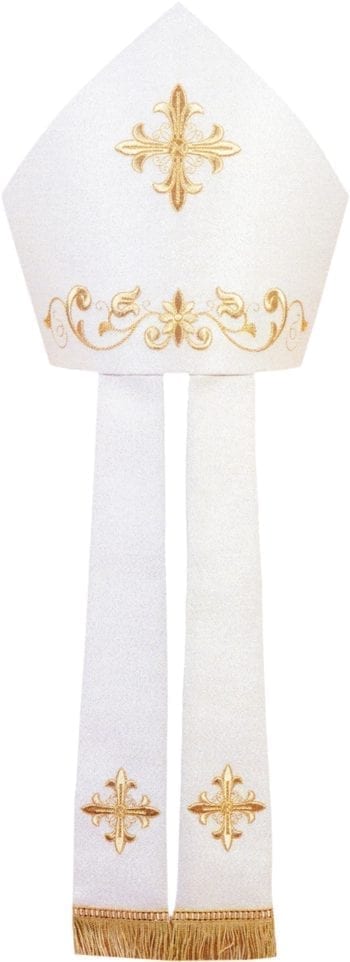 Maranatha Lab "Tarso" miter in cool wool fabric, embellished with embroidery of golden crosses and floral motifs.