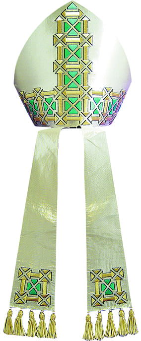 Pietrobon silk miter with rounded cusp with geometric embroidery in gold and turquoise both on the headdress and on the infule. Made in Italy tailored packaging