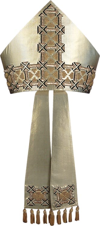 Pietrobon silk lurex miter in gold-colored silk embellished with geometric embroidery in gold and beads and fringed with golden threads. Made in Italy tailored packaging