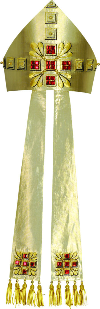 mitria seta e rubino Pietrobon adorna con ricami geometrici a formare una croce greca impreziosita da cristalli rosso rubino. Confezione sartoriale made in Italy
