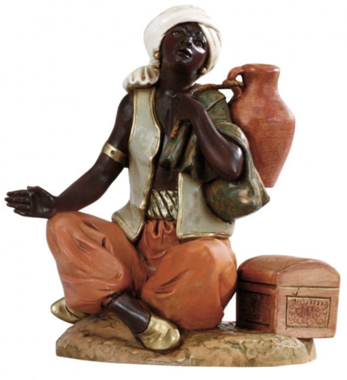Seated Moor Fontanini statue in hand-painted resin with wood effect