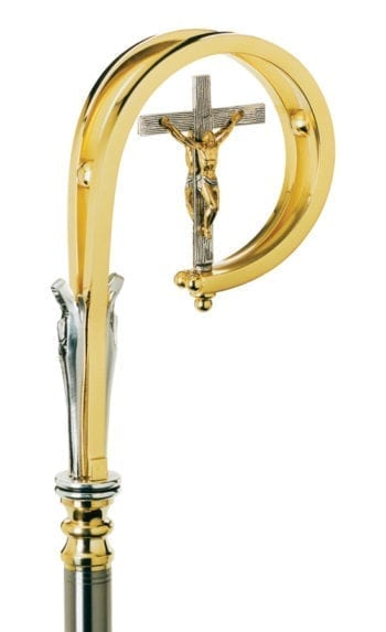 Pastoral "Lourdes" Maranatha Lab in brass with two-tone bronze carry-overs with statue of Our Lady of Lourdes