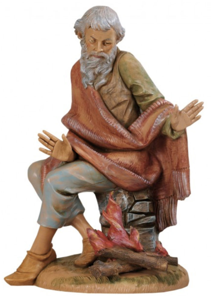 Pastore al focolare Fontanini, statua in resina dipinta a mano ad effetto legno di piccole dimensioni