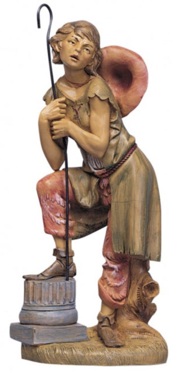 Pastorello a riposo Fontanini, statua per Natività in resina dipinta a mano ad effetto legno