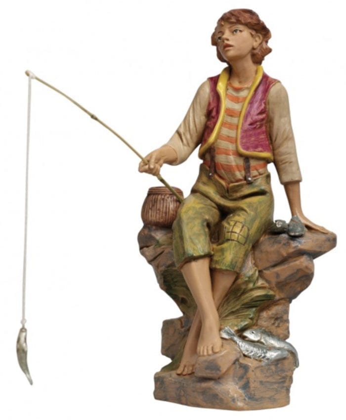 Pescatore Fontanini cm 30 statua in resina dipinta a mano ad effetto legno