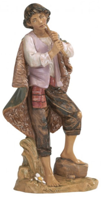 Boy with Fontanini piper for Nativity in hand-painted resin with wood effect