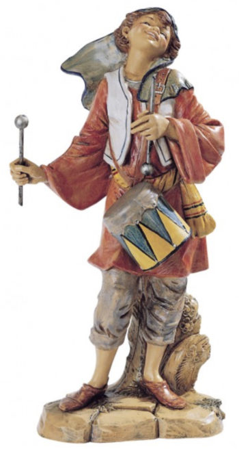 Ragazzo con tamburello Fontanini per Natività in resina dipinta a mano con effetto legno