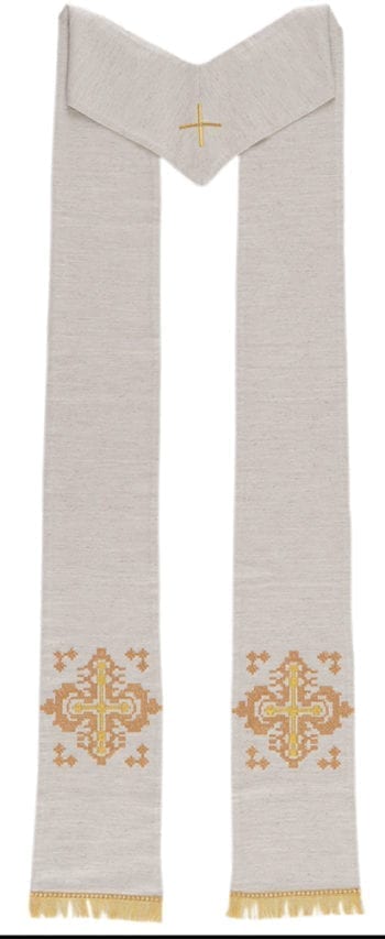 Maranatha Lab "Friar-Bernardo" stole in hemp and linen decorated with hand-embroidered cross-stitch motifs.