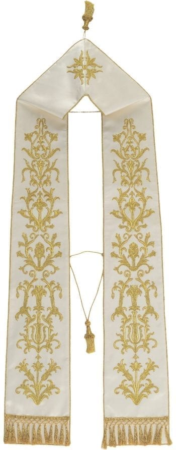 Maranatha Lab "Nèftali" stole in silk fabric, entirely embroidered in gold with floral motifs.