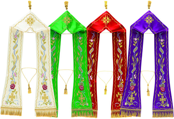 Roman "Pergamum" Maranatha Lab stole in silk fabric embroidered in gold with floral motifs and ears of wheat.